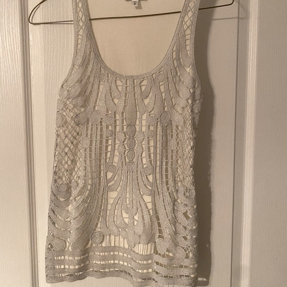 White tank with silver shimmer lace overlay